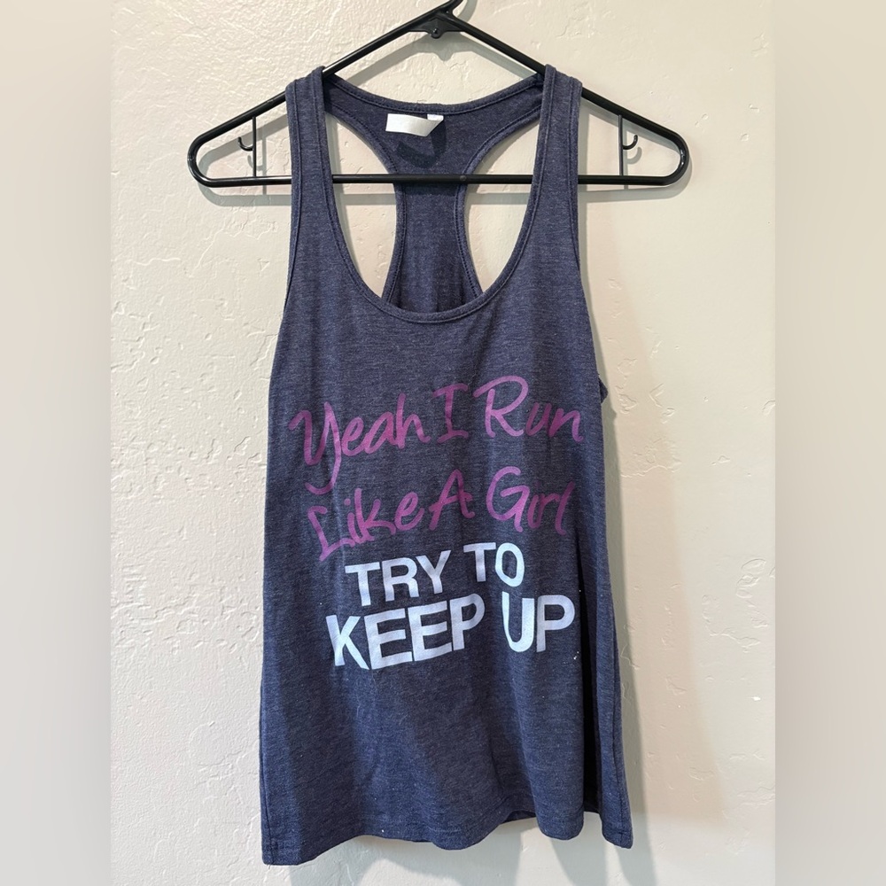 OMT Active Navy Blue `Yeah I Run Like A Girl Try To Keep Up’ Tank Top